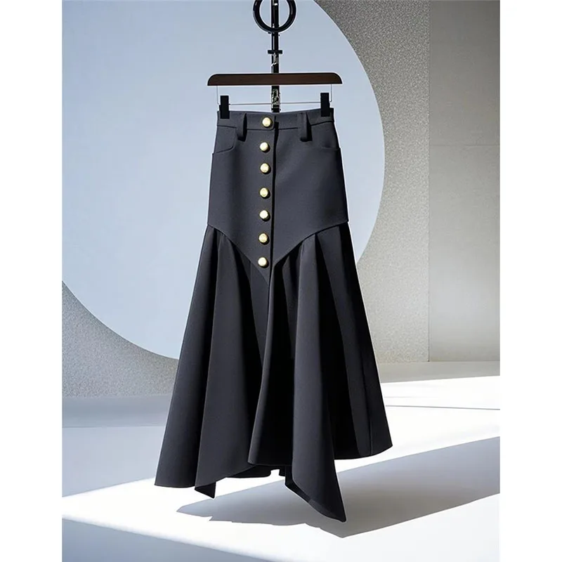 

Летний дизайн, винтажные длинные юбки на пуговицах, женские корейские свободные юбки нестандартной формы с высокой талией, Франция, повседневная уличная одежда, лоскутные юбки