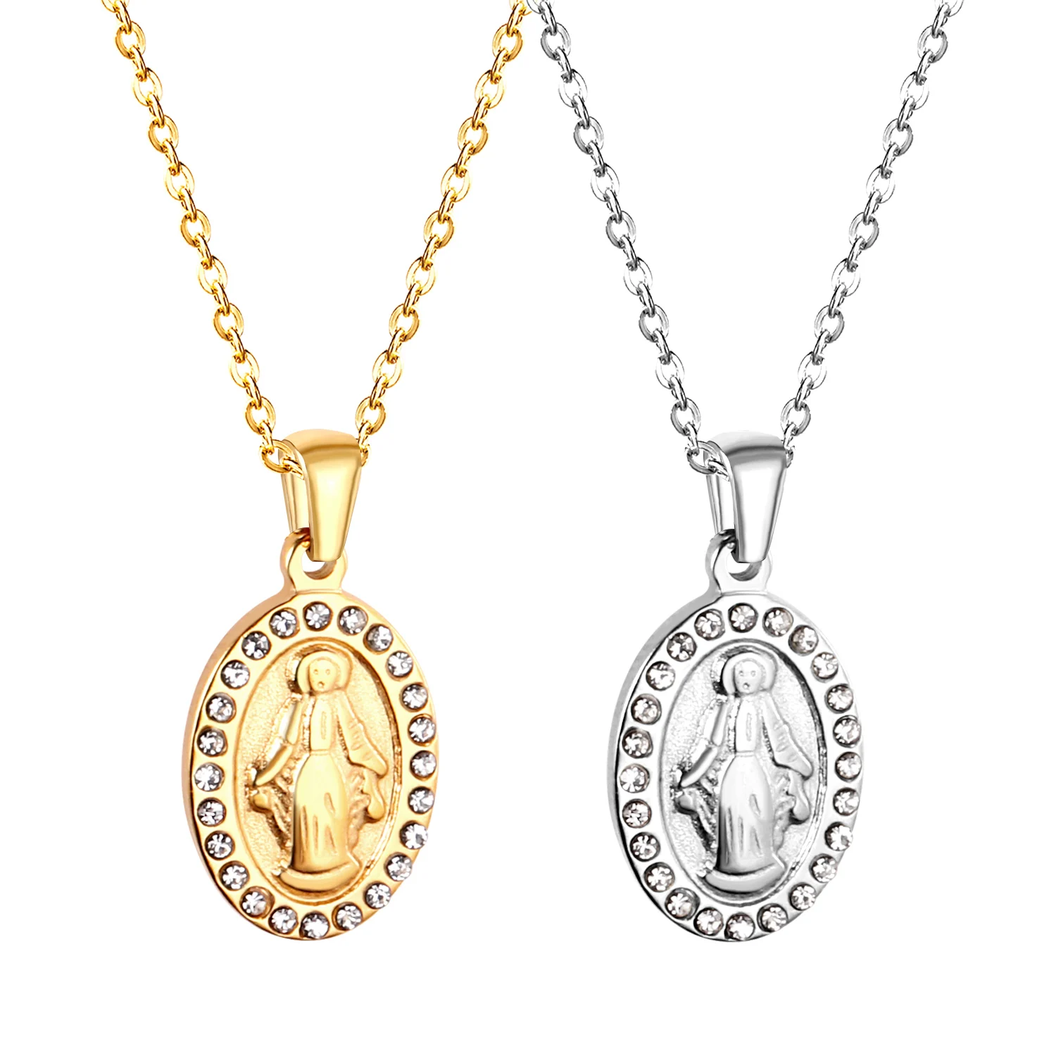 ASONSTEEL Fashion Virgin Mary Jesus Oval Long Chains Pendant Necklace For Woman/Man Stainless Steel Religious Christian Jewelry