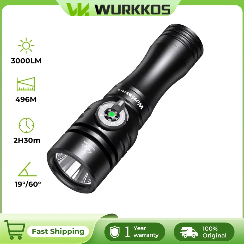 Wurkkos DL02 Torcia subacquea 3000LM 496M Torcia subacquea a lungo raggio con interruttore magnetico rotante per l'esplorazione delle grotte