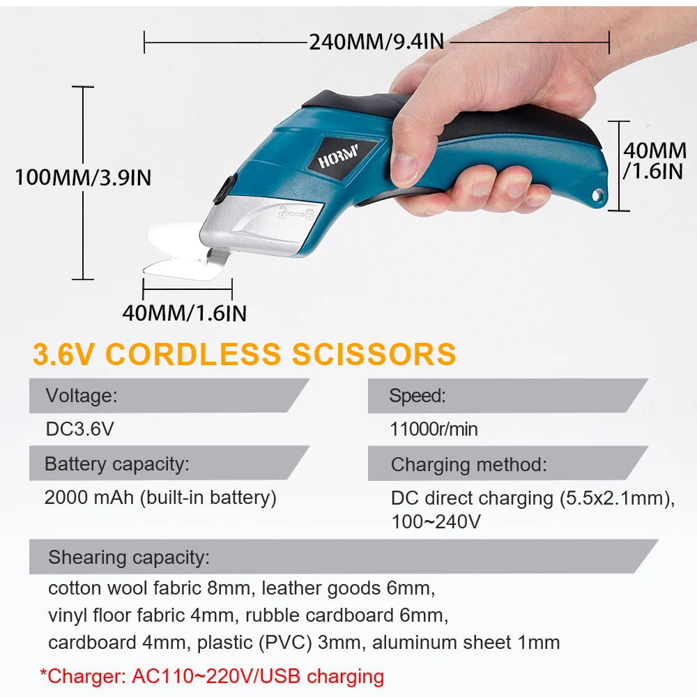 Tesoura elétrica sem fio, 2 lâminas, recarregável, portátil, tesoura de costura, cortador, tecido, pano, tapete, PVC, ferramentas de corte de couro,