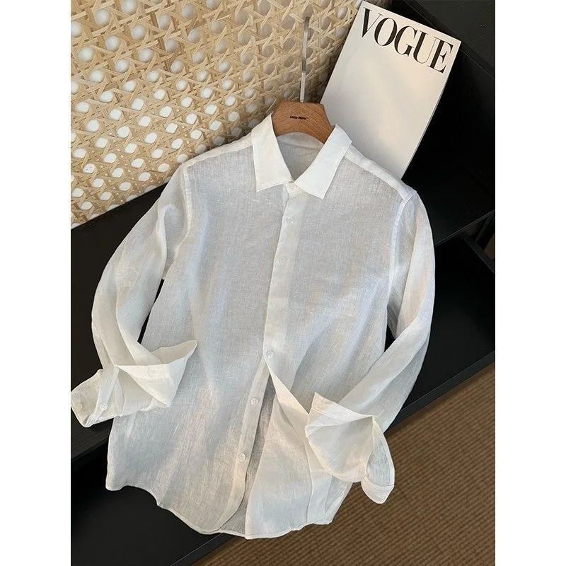 Lightweight Breathable Summer Men's Silk Cotton Linen Set Long Sleeve Shirt And Shorts Loose Fit Comfortable Skin-Friendly Ch...