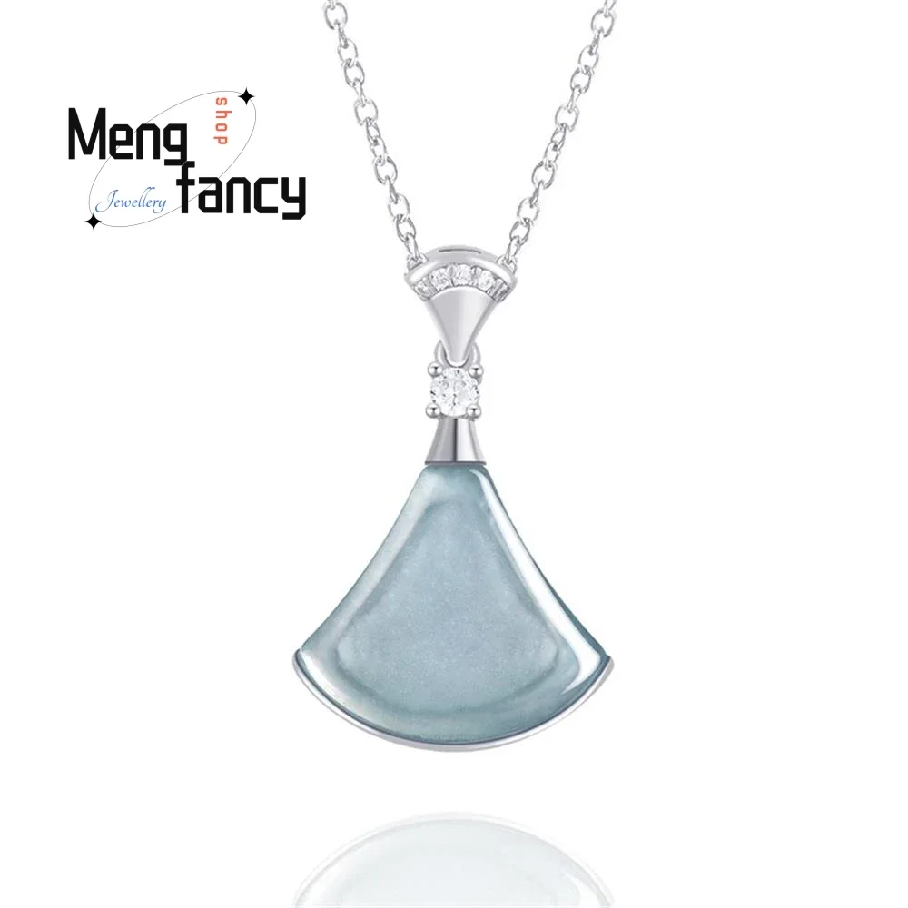 S925 Silver With Natural A-goods Jadeite Blue Water Small Skirt Ice Jade Pendant Exquisite High-grade Luxury Fashion Jewelry