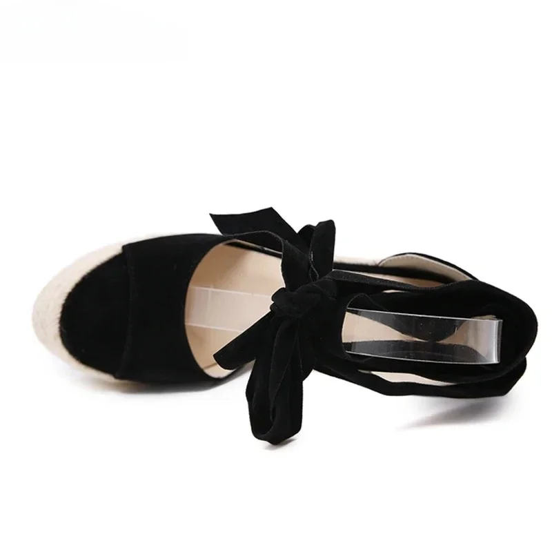 

Aneikeh/летние модные римские гладиаторы с ремешком на щиколотке, женские сандалии на танкетке из соломенной ткани на высоком каблуке, модельные туфли