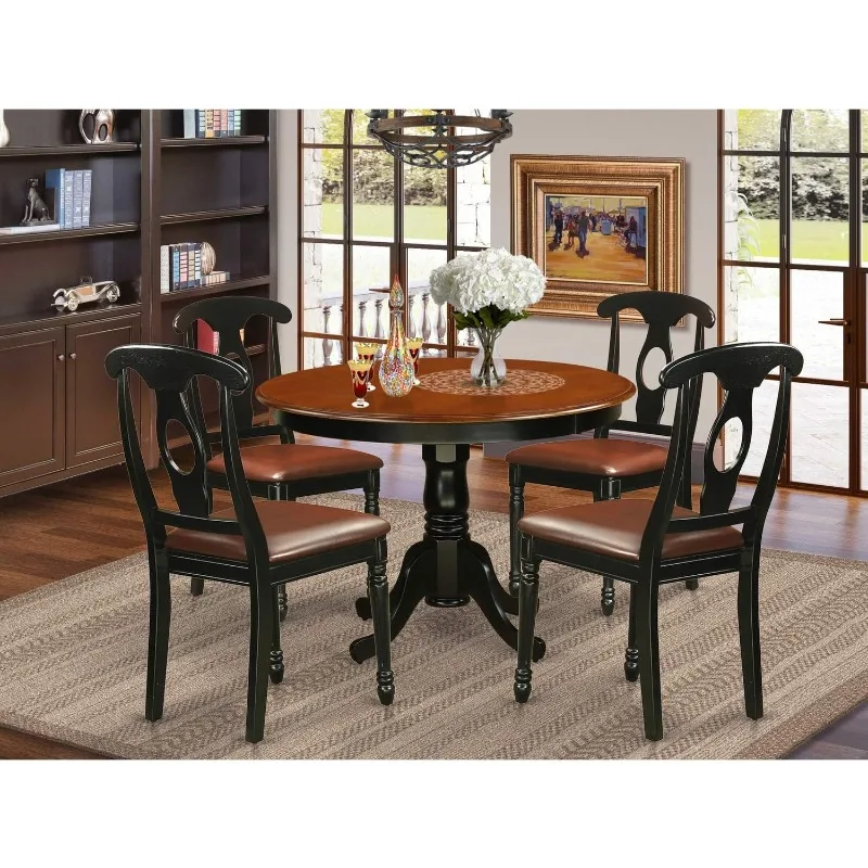 

5 Piece Kitchen Table Chairs Set Includes a Round Dining Room Table with Pedestal and 4 Faux Leather Upholstered Dining Chairs