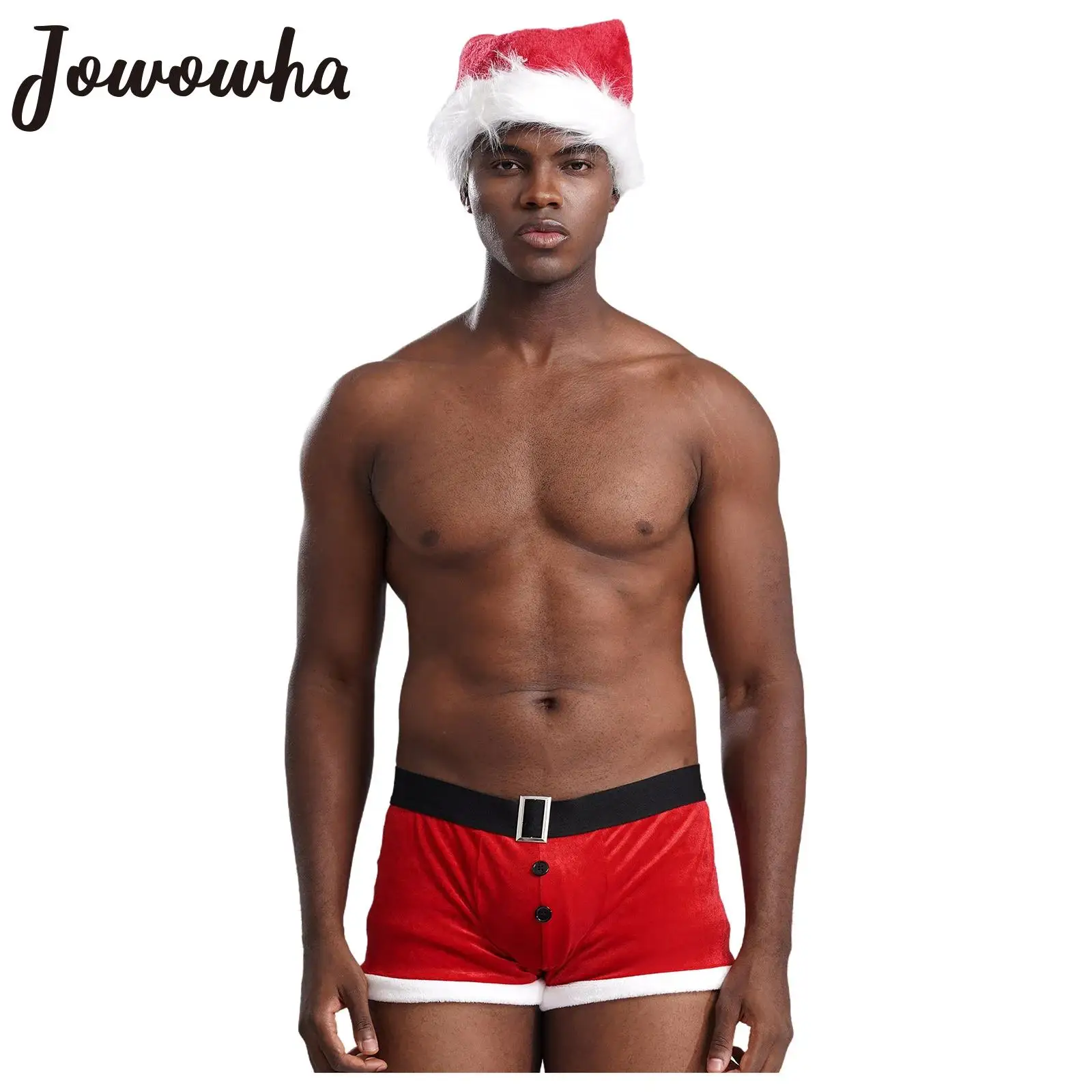 Mens Christmas Velvet Briefs Santa Claus Cosplay Costumes Boxer Shorts Underwear with Pompom Hat Xmas Holiday Party Clubwear