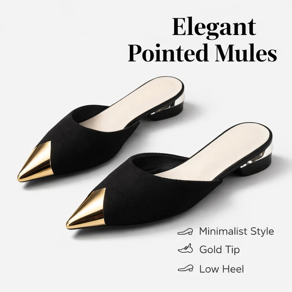 

Women Pointed Toe Mules Gold Metal Tip Low Heel Slides Elegant Slip On Sandals Fashion Office Casual Shoes