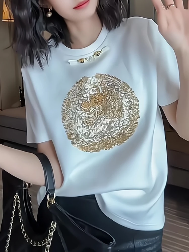 

Faionable White ort Sve T-irt Women's Summer New Sle Chinese National Sle Heavy Embroidery European Sle Top