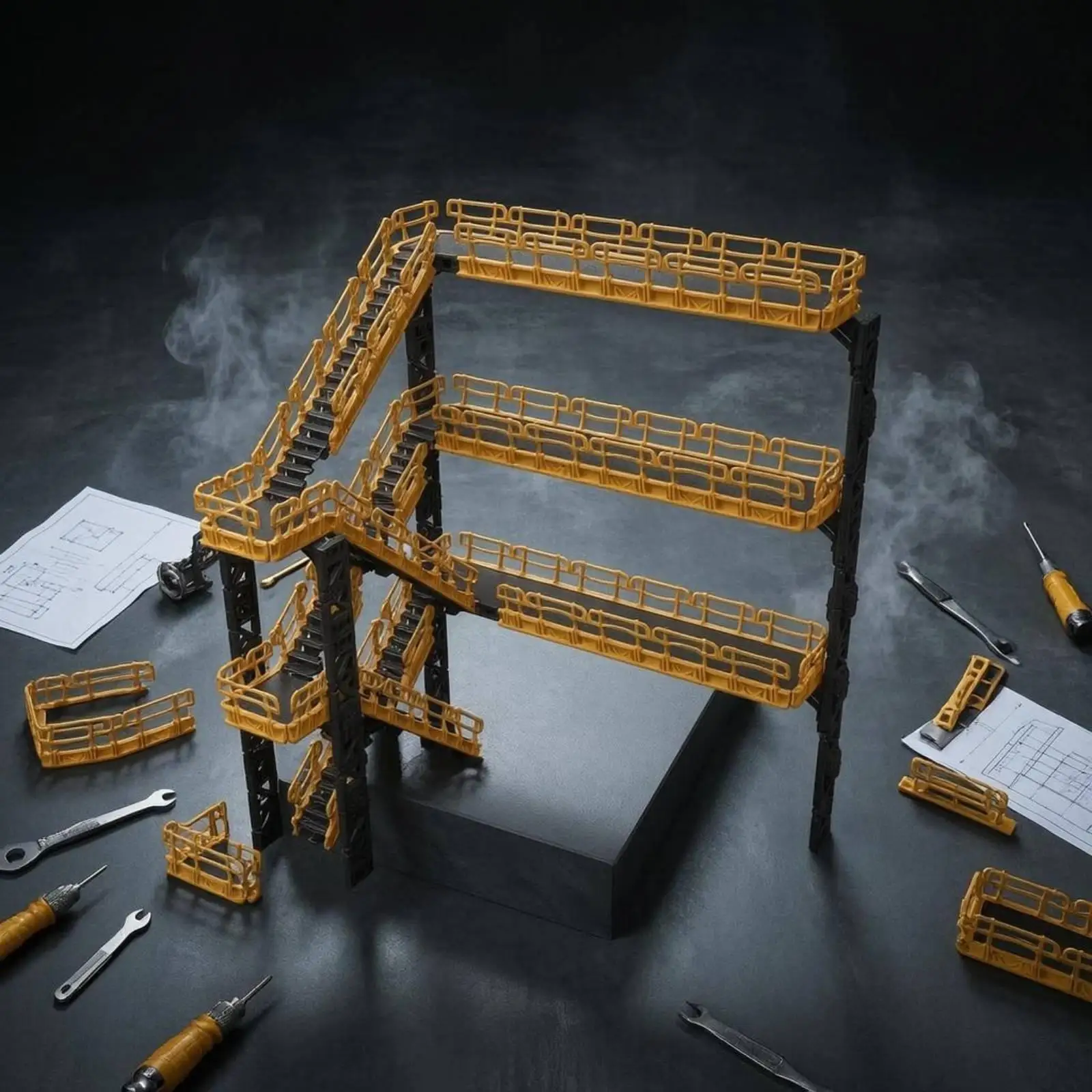 Miniature Modular Hangar Bridge Assembly Display Plastic Kit for Scale Figure Setup with Layered Deck Walkway Structure