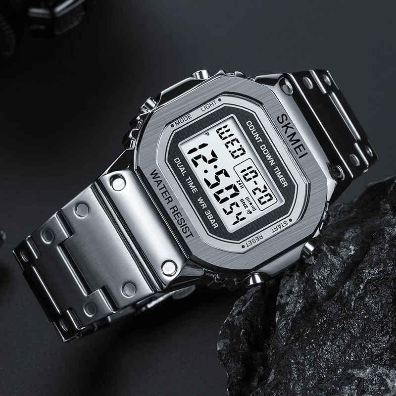 ساعة يد رقمية SKMEI-Men مقاومة للماء من الفولاذ بالكامل ، ساعة رياضية ، ساعة منبه مقاومة للصدأ ، ساعة منبه مقاومة للصدأ ،