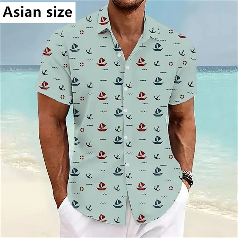 3D Print Boat Anchor Pattern Short Sleeve Shirts For Men Clothing Summer New Mens Beach Shirts Hawaiian Vacation Button Blouse