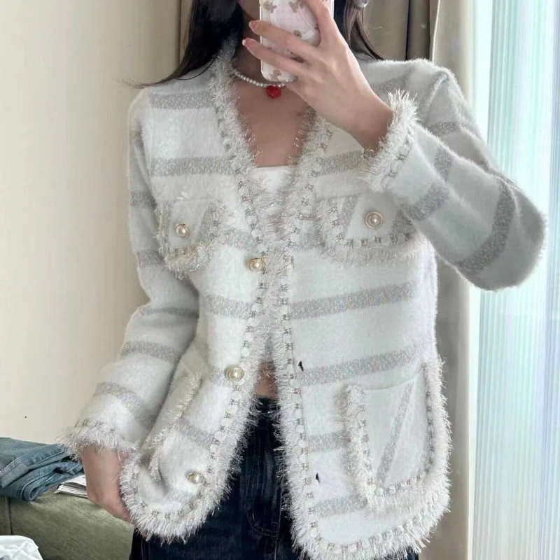 Women French Style Luxury Chic Striped Furry Button Knitted Cardigan Autumn Winter Elegant V Neck Long Sleeve Loose Sweater Coat