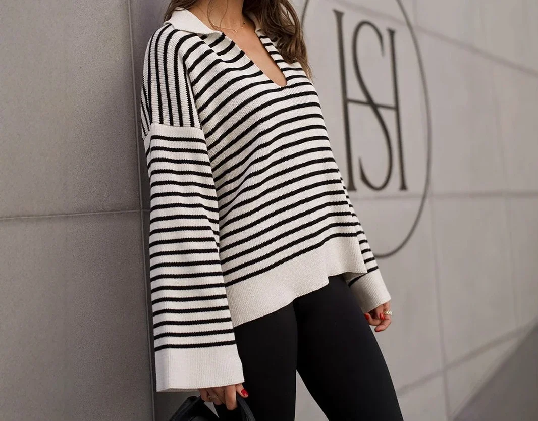

Black Striped Sweater Europe and America 2025 Autumn and Winter New Lapel Striped Long Sleeve Loose Pullover Knit Sweater Women