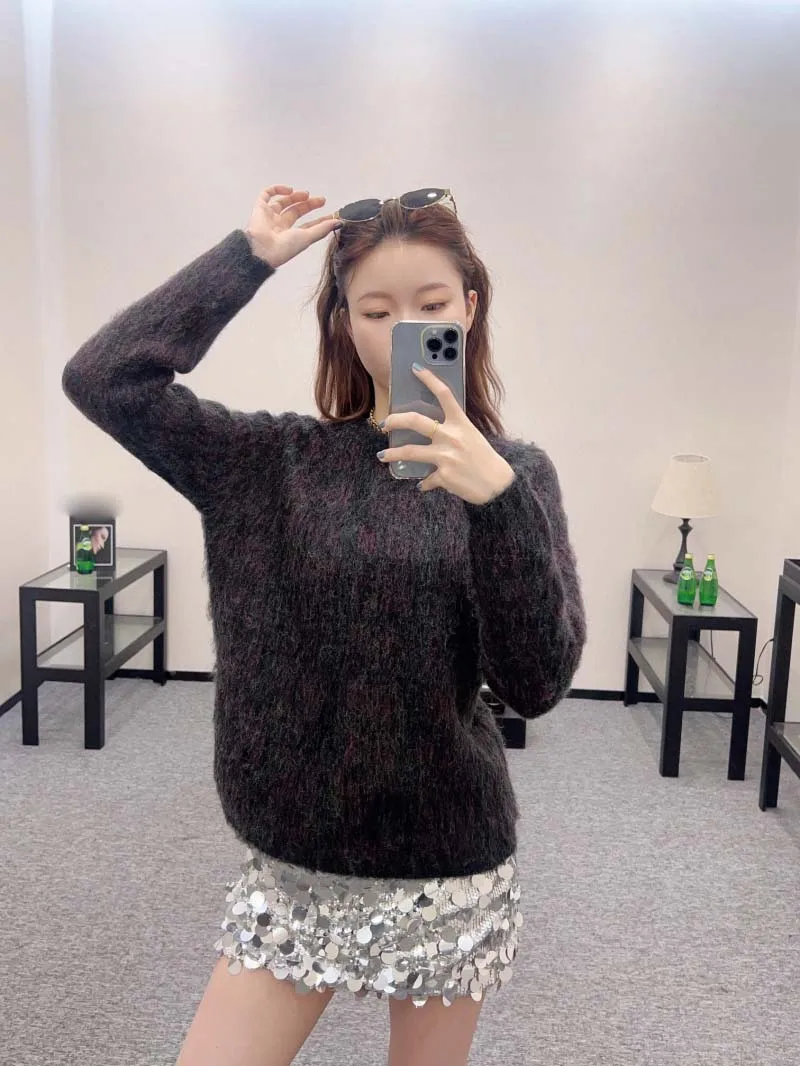 

Commuting style women's sweater, fashionable and exquisite soft and sticky mohair knitted round neck jacquard plaid top