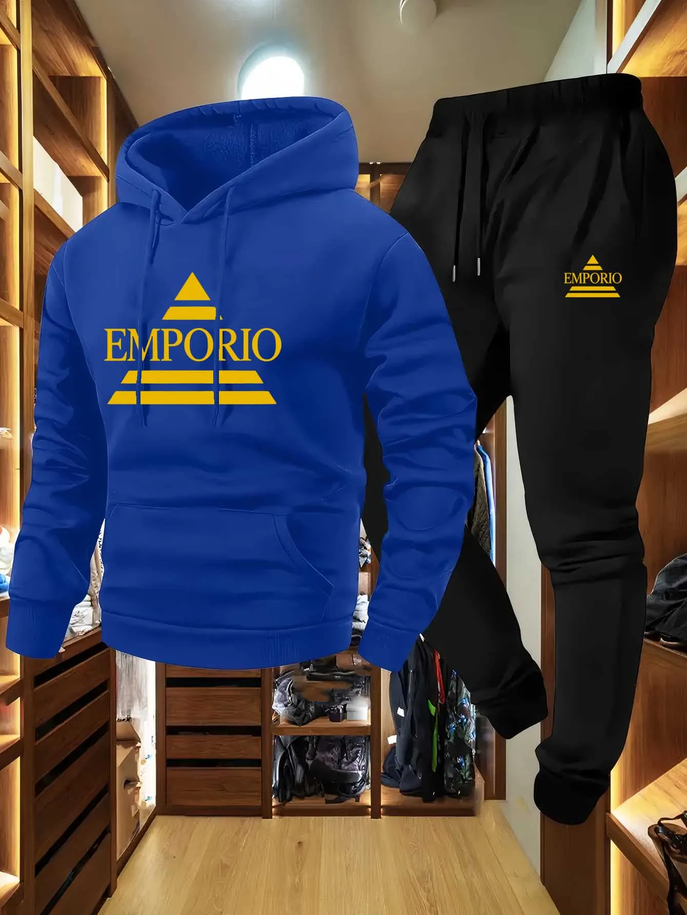 Conjuntos casuais masculinos de outono e inverno, incluindo jaquetas estampadas versáteis de rua americana, tops e calças masculinas
