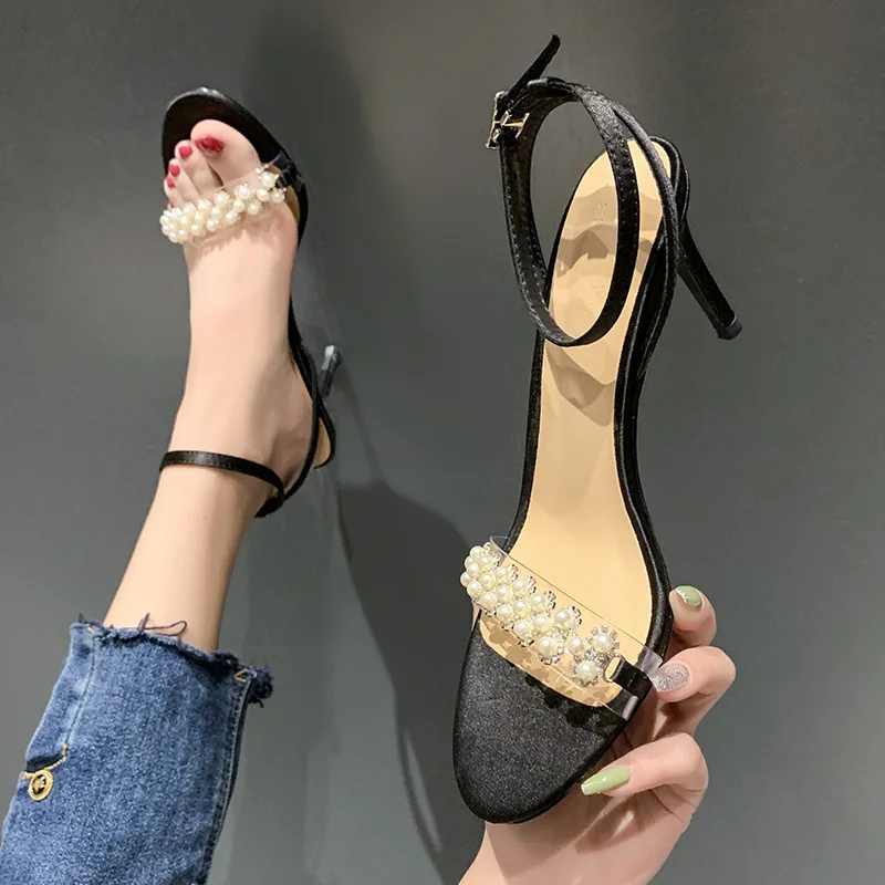 

Pearl Thin Heel High Heels 2024 New Summer Trendy Street Style Pair with Skirts Open Toe Strap Sandals Women Thin Heel