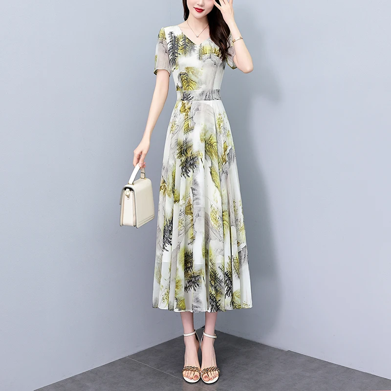 Women Chiffon Long T-shirt Dresses Summer Female V Neck Short Sleeve Large Size Elegant Slim A Line Floral Printed Pleated Robe