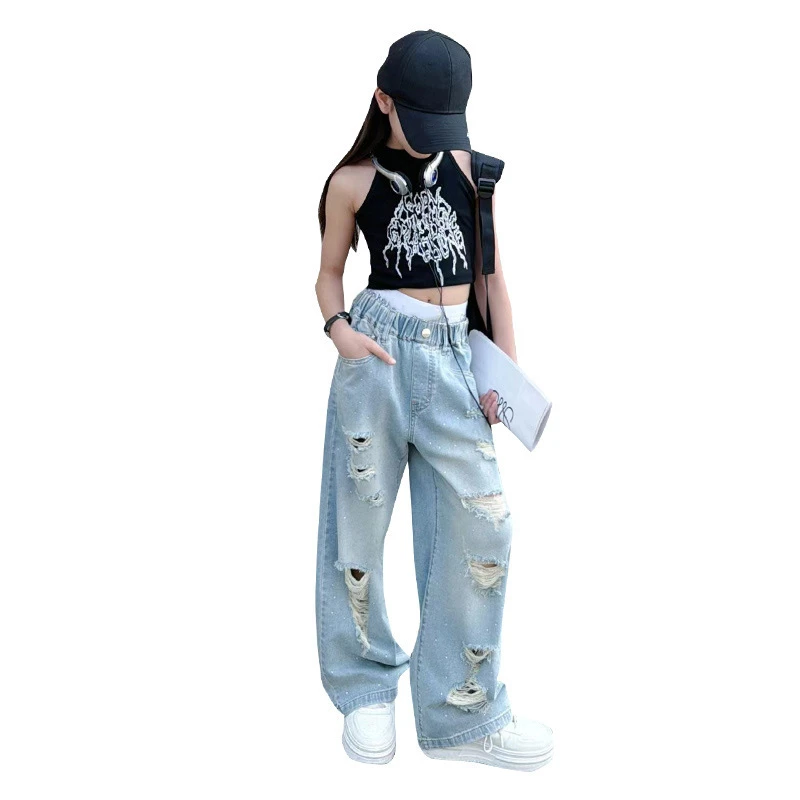 New Summer Girls Hole Jeans Thin Fashion Loose Straight Trousers Teenage Casual Hundred Simple Children\'s Trousers Streetwear