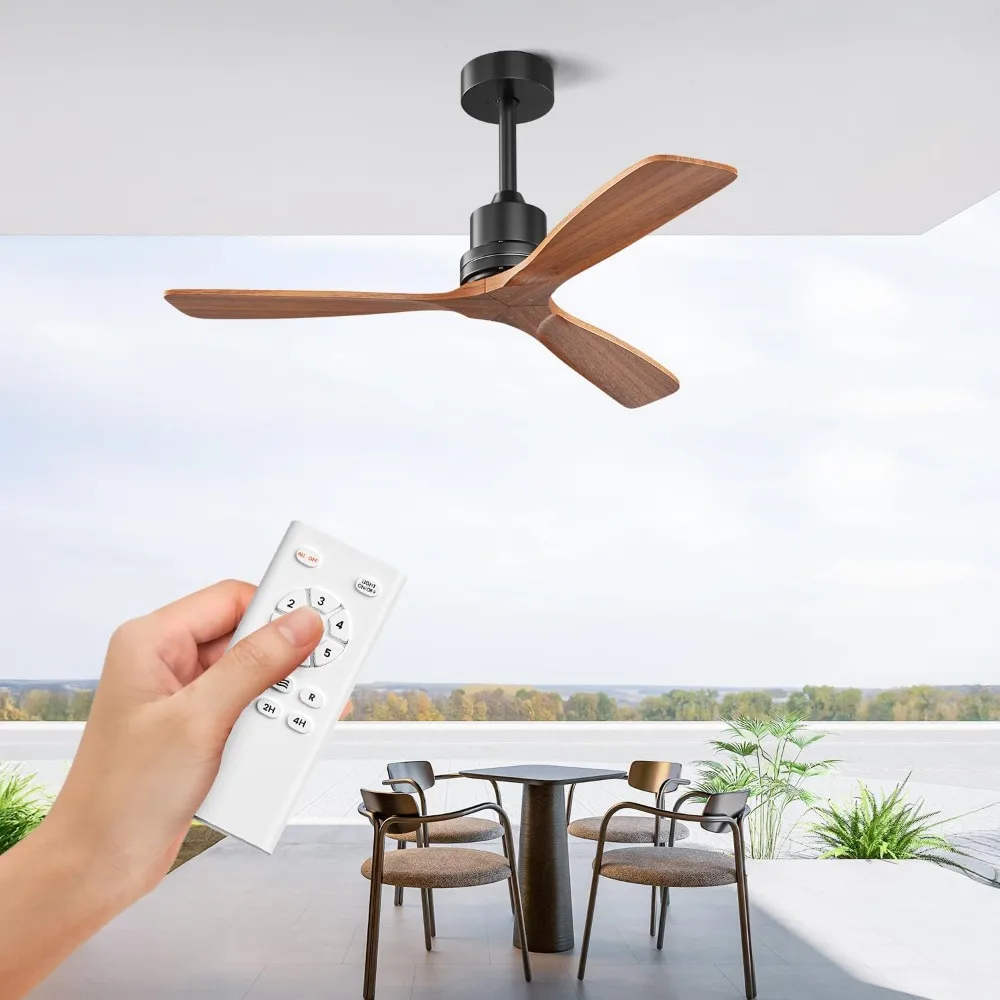 

60-Inch Ceiling Fan no Light, Walnut Ceiling Fan Without Light 3 Solid Wood Blades, Noiseless Reversible Motor for Kitchen/Pati