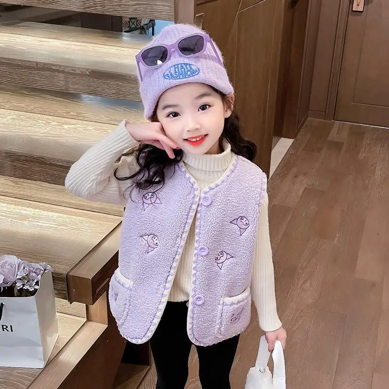 My Melody Sanrios Vest Kuromi Girl Autumn Winter Child Winter Lamb Wool Waistcoat Cute Plus Velvet Keep Warm Wear Outside Vest