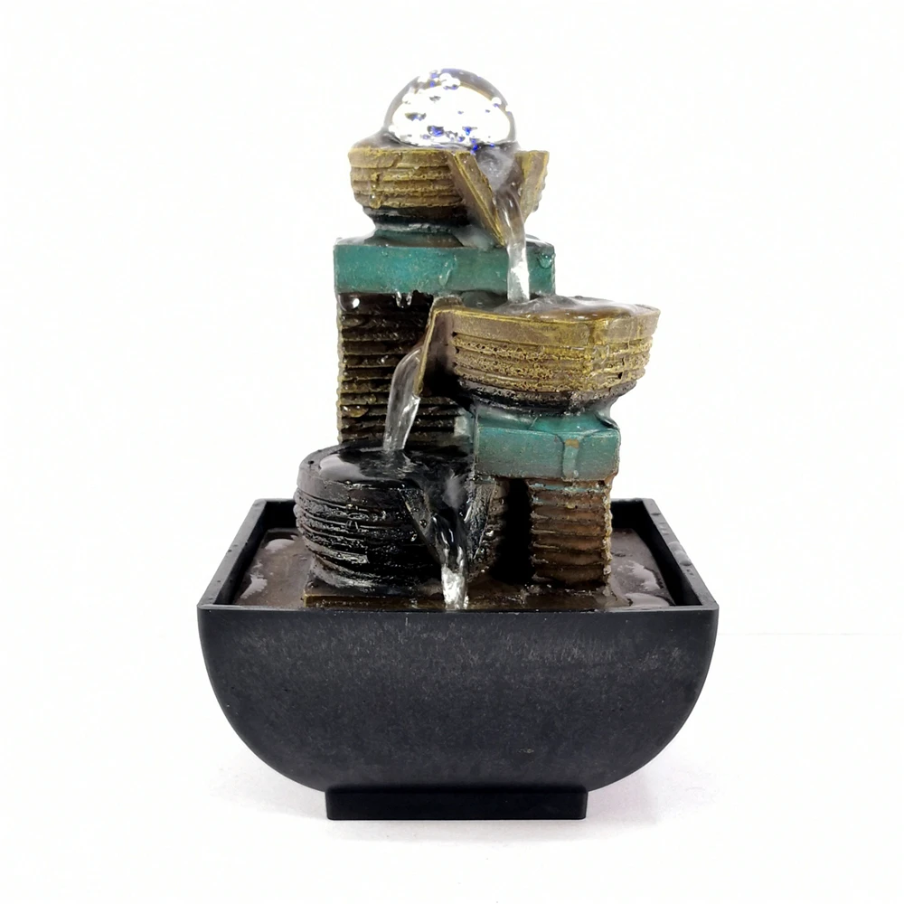 Fontanna stołowa LED z kulkami, 3-poziomowy wodospad, kamienie rzeczne, elektryczna pompa, relaksujące dźwięki do biura i dekoracji domu