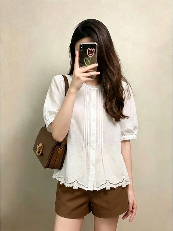 

Cute Short Sleeve Hook Flower Hollow Shoulder Women's Shirt Summer New plus Size Doll Top Korean Style Loose Fit round Neck