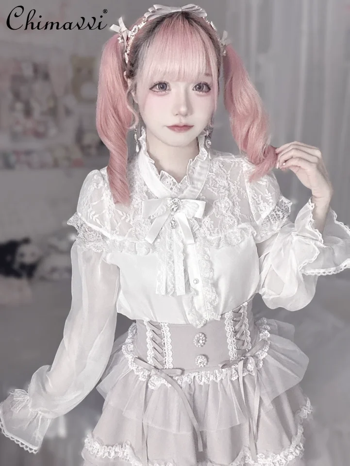 

Sweet Girl Chiffon Lace Blouse Original Mass-Produced Japanese Style Semi-Transparent Long Sleeve Gothic Cute Lolita Shirt Top