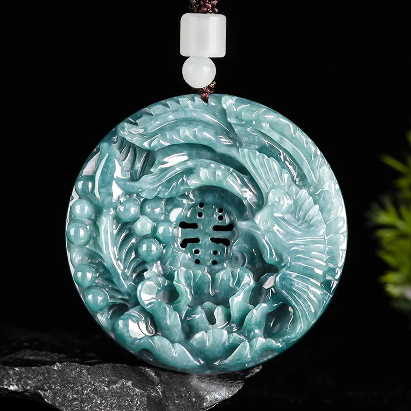 

Natural A-grade Jade Blue Water Phoenix Peony Ice Jadeite Pendant For Men's Gifts Women's Charms As Luxury Jewelry Drop Shipping