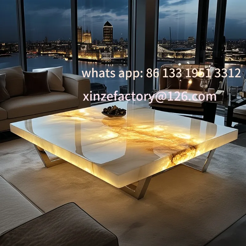 

French square luminous jade luxury stone coffee table advanced modern natural marble living room minimalist villa home