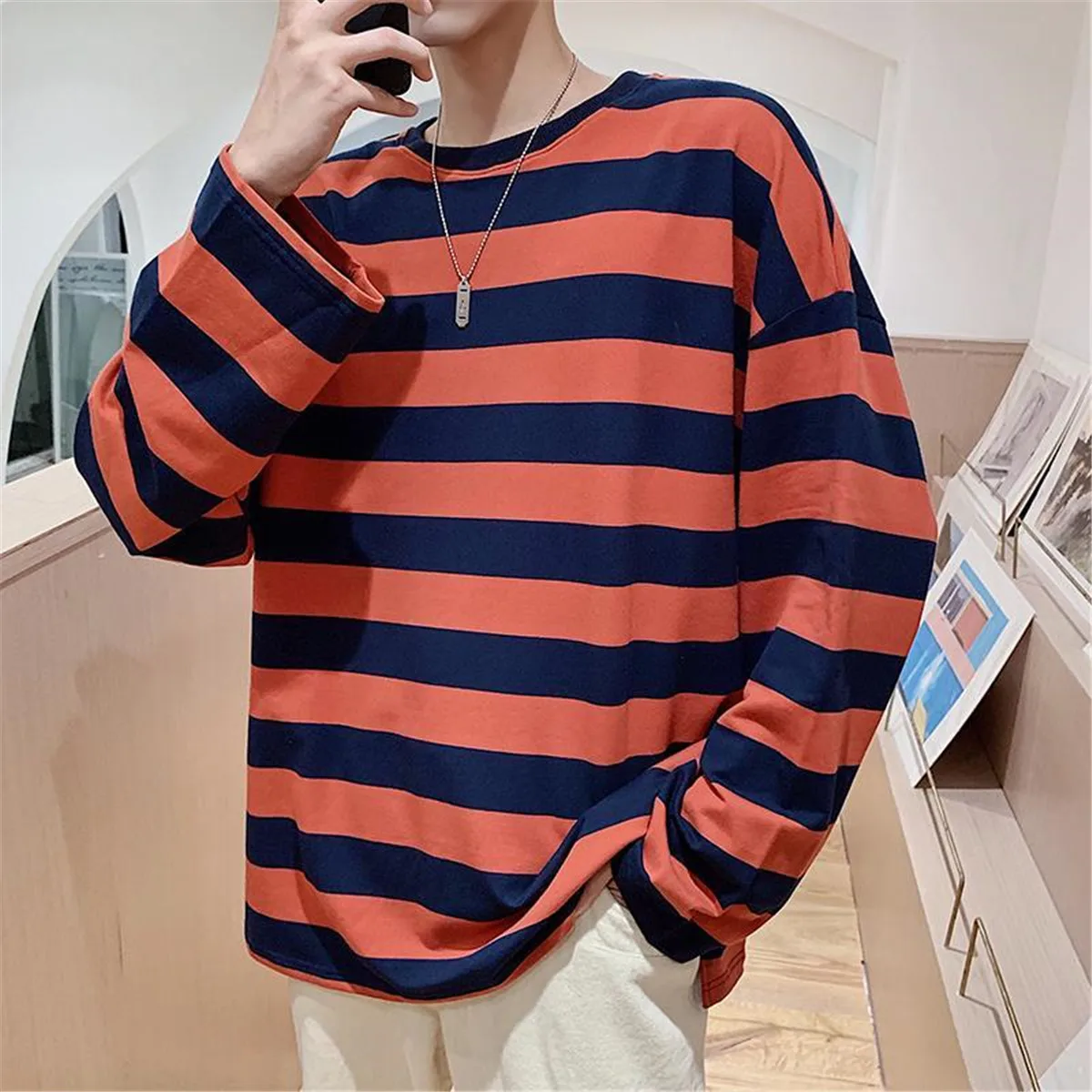 Fashion Punk Men Harajuku Black Red Striped Male Loose Oversized Long Sleeve Summer Boys Tees Retro T Shirt Punk Clothes Boys