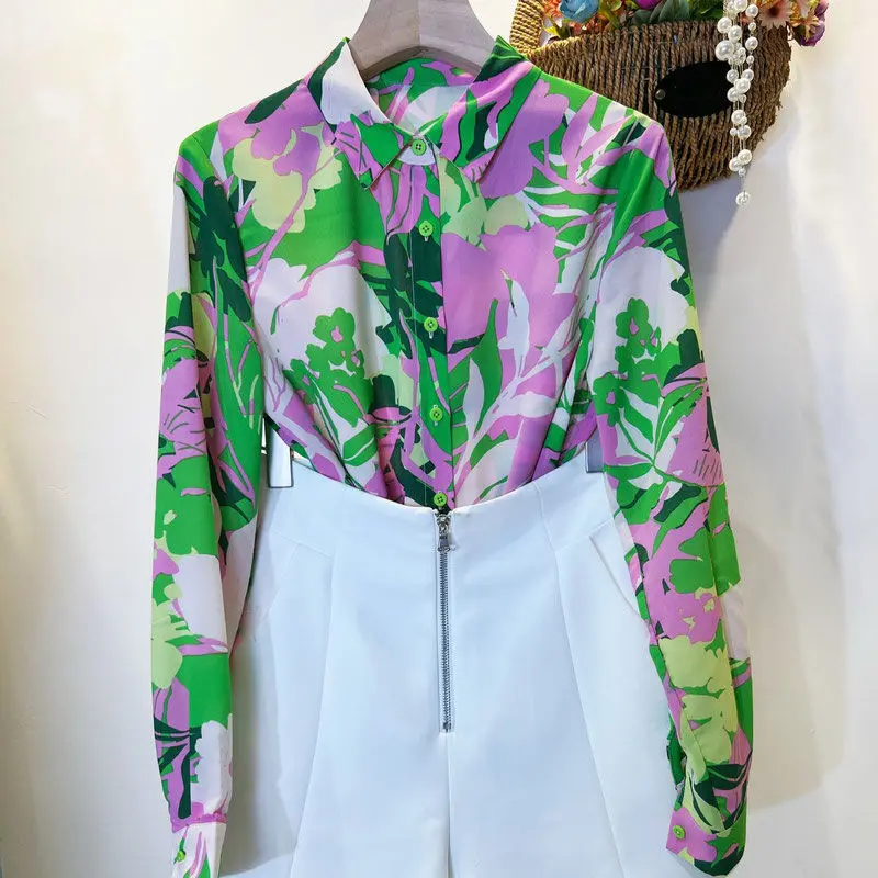 Temperamento feminino com fivela de gravata verde casual, confortável camisa de chiffon, plantas e flores, manga comprida, personalidade, primavera 2022