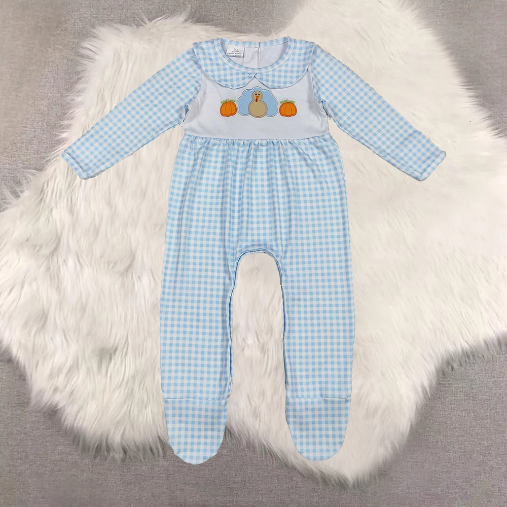 

Baby Boy Plaid Embroidered Pumpkin Turkey Footed Romper Thanksgiving Baby Clothes Infant Fall Outfit