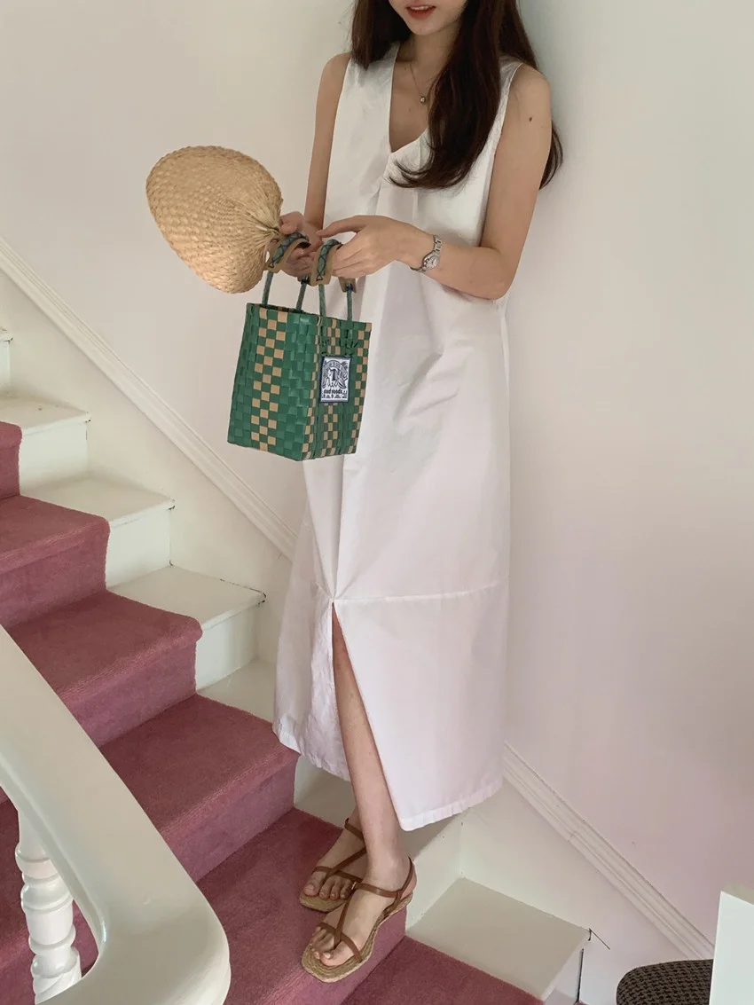 Alien Kitty Office Lady Summer Straight Dress Women Elegant Sleeveless Split Mujer 2025 Minimalist New Slim Casual High Street