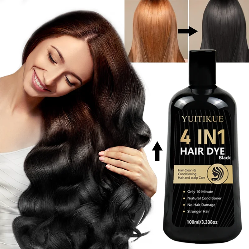 YUITIKUE 100ml Quick Black Hair Dye Shampoo Multifunctional Dye Care Integrated Long Lasting Natural Black Color
