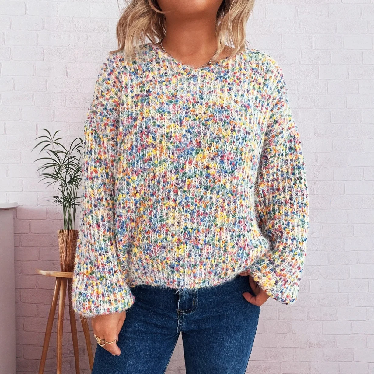 Colorful Knitted Sweater Women Autumn Winter New V-neck Long Sleeve Pullover Sweaters Fashion Lady Commuting Knitwear Clothing