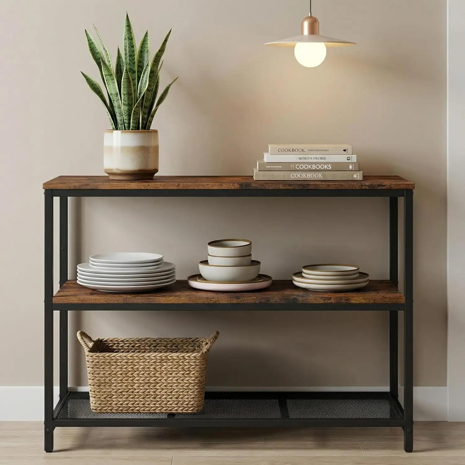 

39.4" Kitchen Island with 3 Shelves, Large Workstation, Metal Frame, Rustic Brown and Black