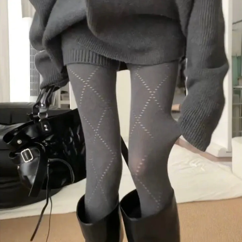 

Y2K Fashionable Jacquard Knitted Stockings High-elastic Skinny Fit Argyle Tights Breathable Soft Basic Pantyhose Autumn Winter