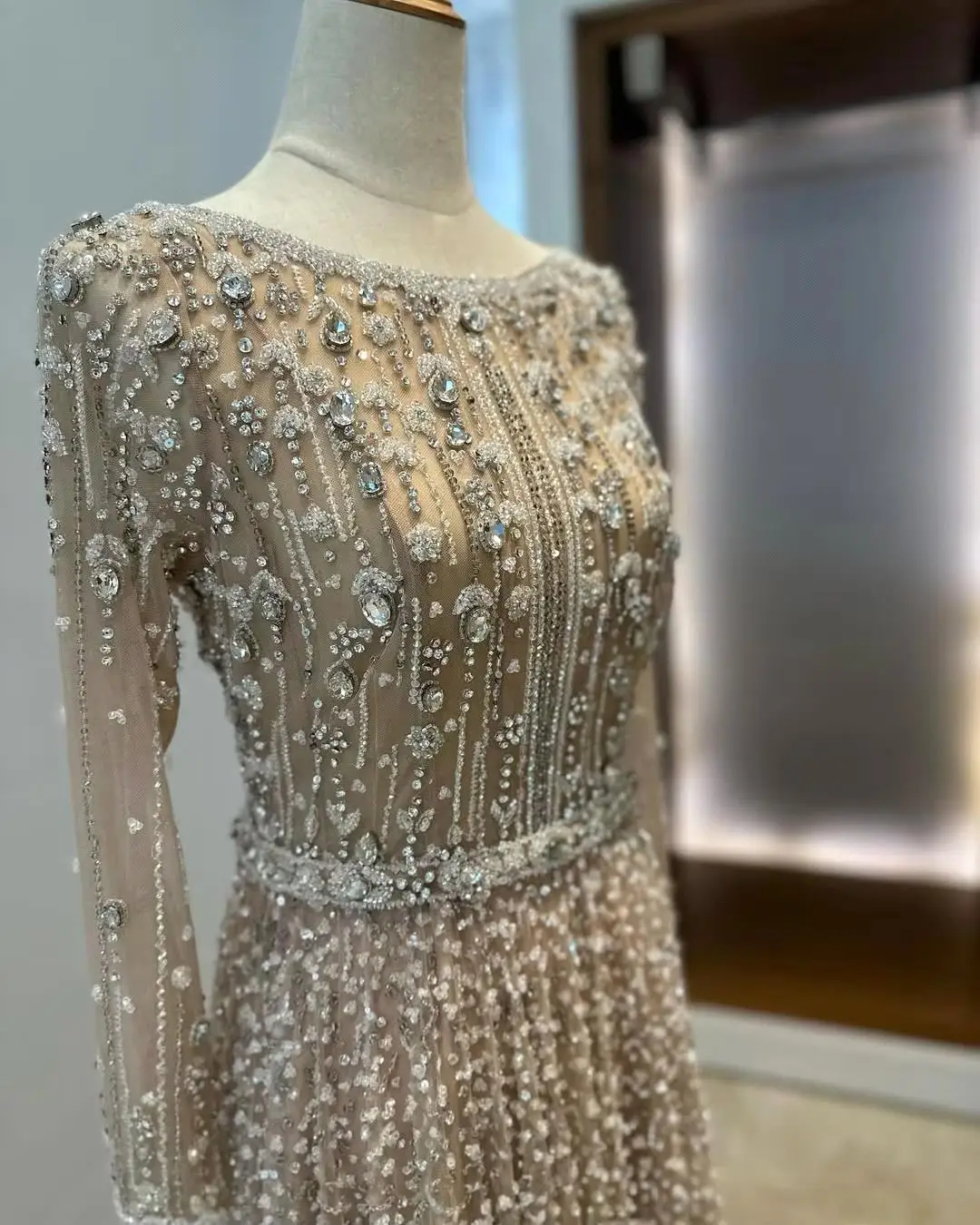 

MisShow Customized Champagne Beaded Evening Gown with All-Over Crystals & Long Sleeves - Luxury Saudi Evening Dress For Wedding