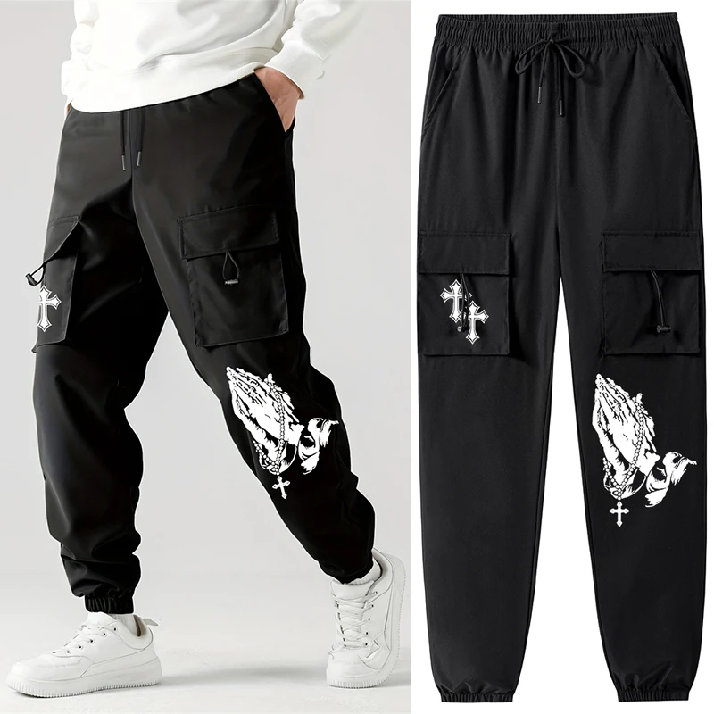 

Брюки-карго с перекрестным принтом для мужчин, весенне-осенние повседневные рабочие брюки для улицы, спортивные штаны для бега, быстросохнущие тактические брюки с карманом