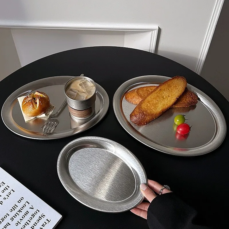 FE246122 Multi-Size Stainless Steel Oval Dish Plates Household Food Dinner Steamed Shallow Plate Kitchen Tableware