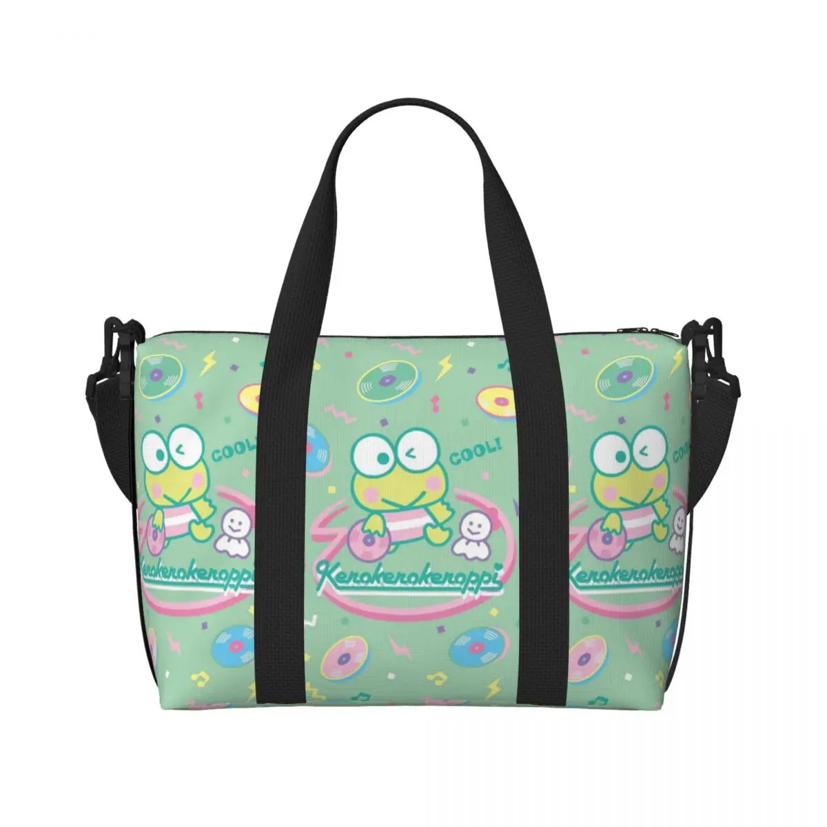 

Custom Cute Kerokero Keroppi Cartoon Beach Tote Bag for Women Large Compartment Beach Gym Travel Bags