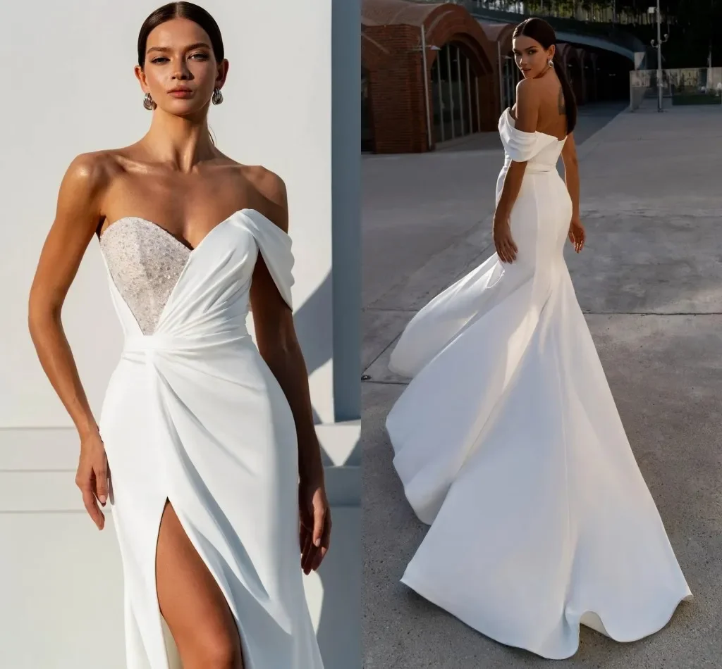 Sexy Mermaid Luxury women's Wedding Dress Sparkly V-neck backless side slit with floor length beach bridal Ball party dress