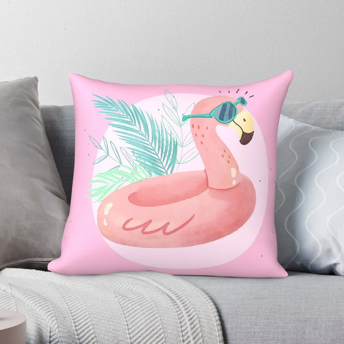 Pink Flamingo Bird Watercolor Square Pillowcase Polyester Linen Velvet Printed Zip Decorative Pillow Case Sofa Cushion Case 18
