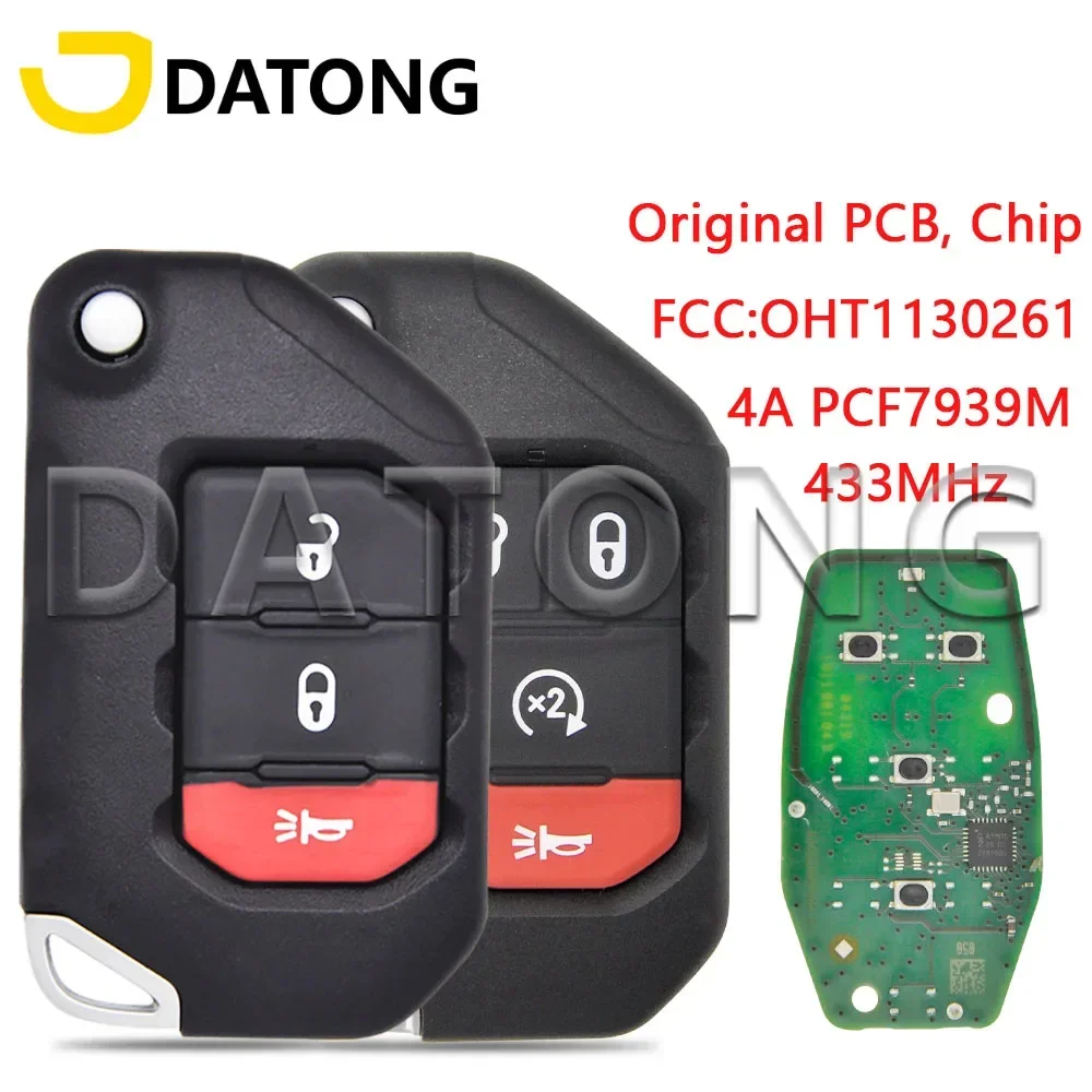 

Datong World Car Remote Control Key For Jeep Wrangler 2018 2019 FCC OHT1130261 4A PCF7939M 433MHz Flip Keyless Promixity Card