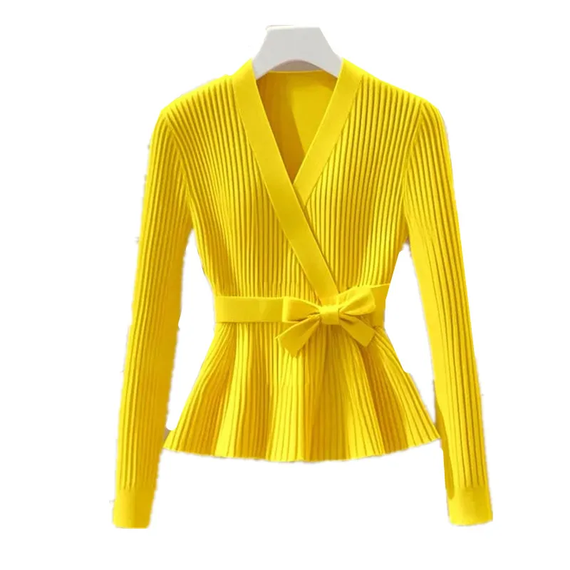 القوس محبوك سترة البلوز المرأة 2025 الخريف الشتاء مزاجه جديد الخامس الرقبة طويلة الأكمام تريكو معطف البلوز الإناث القمم W748 #3