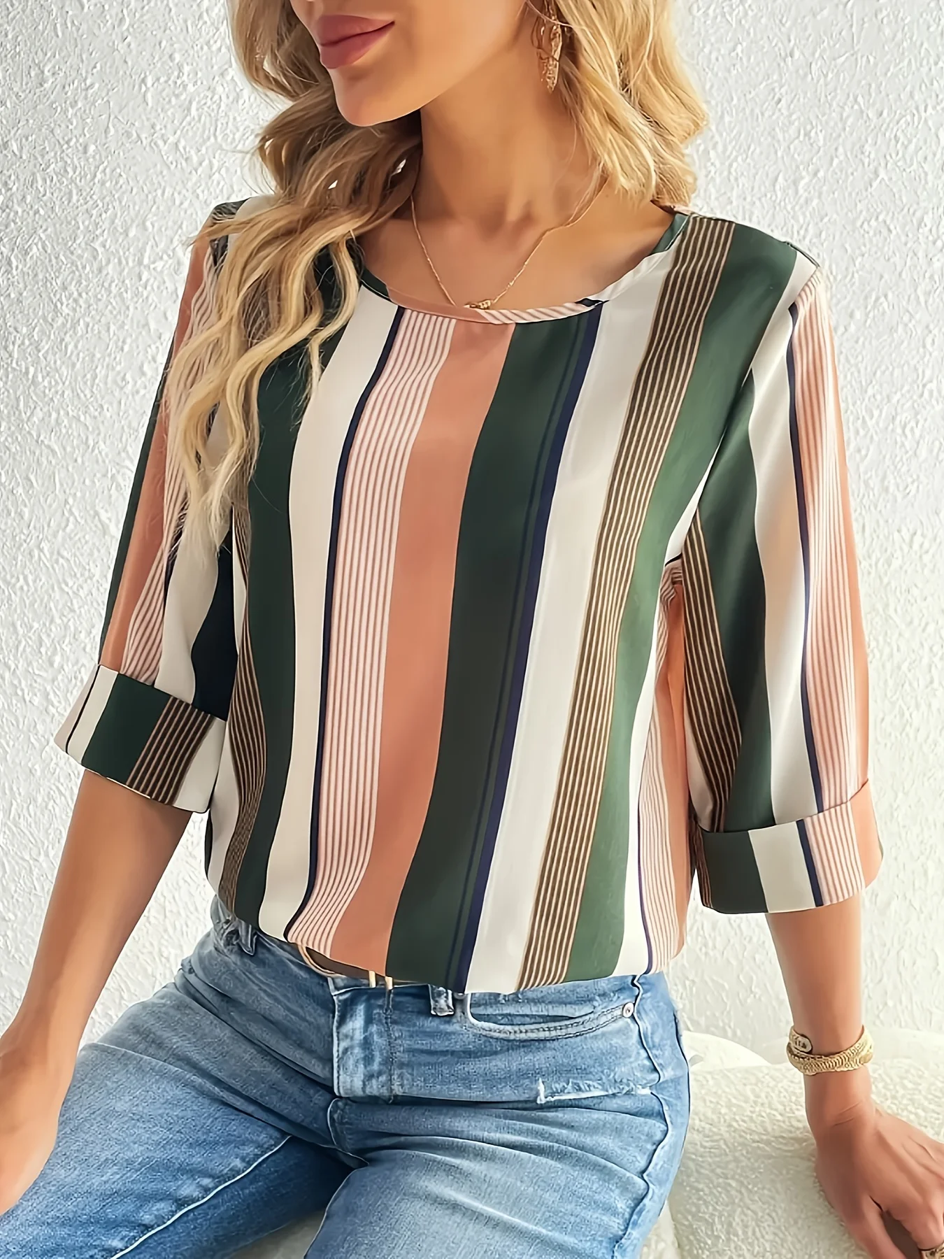 

Women's Multicolor Vertical Stripe Print Blouse Round Neck 3/4 Cuffed Sleeve Casual Loose Fit Summer Top