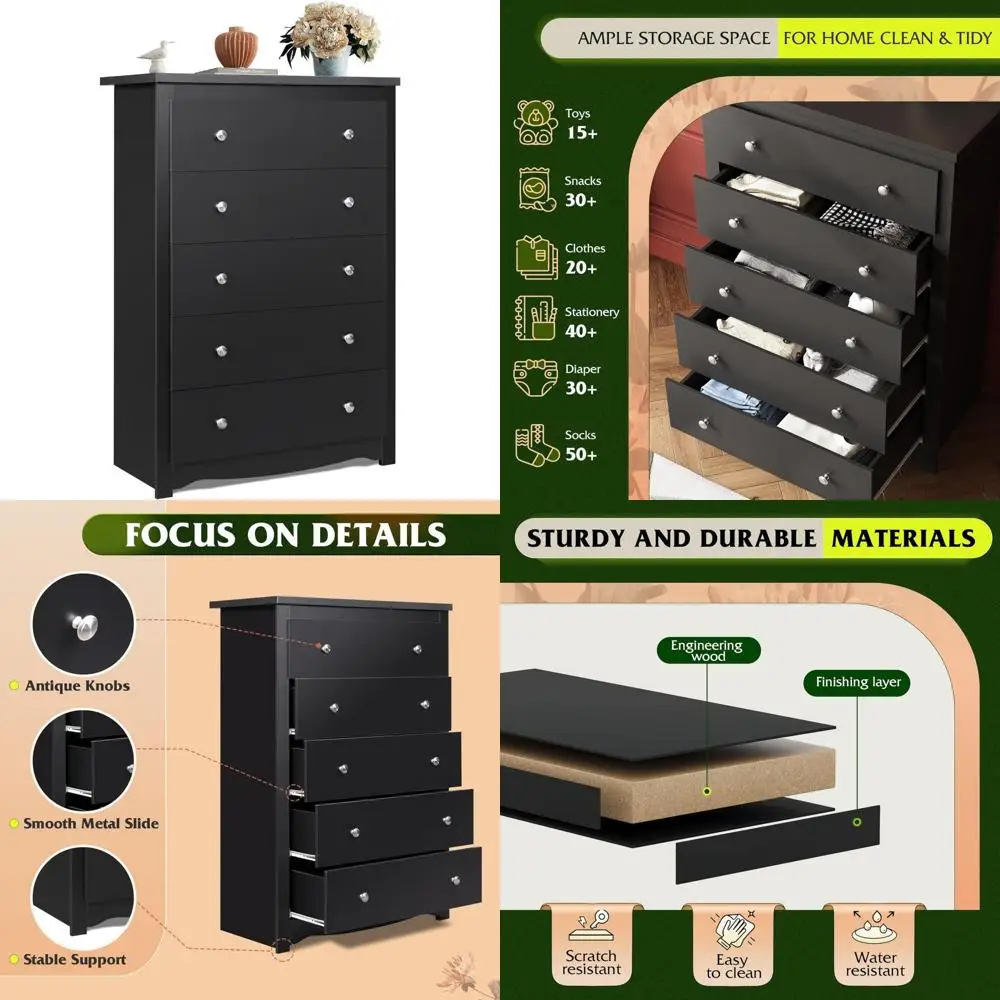 wood dresser with 5 drawers, black wooden storage cabinet, organizer drawers for bedroom, living room, hallway, measuring 15.75