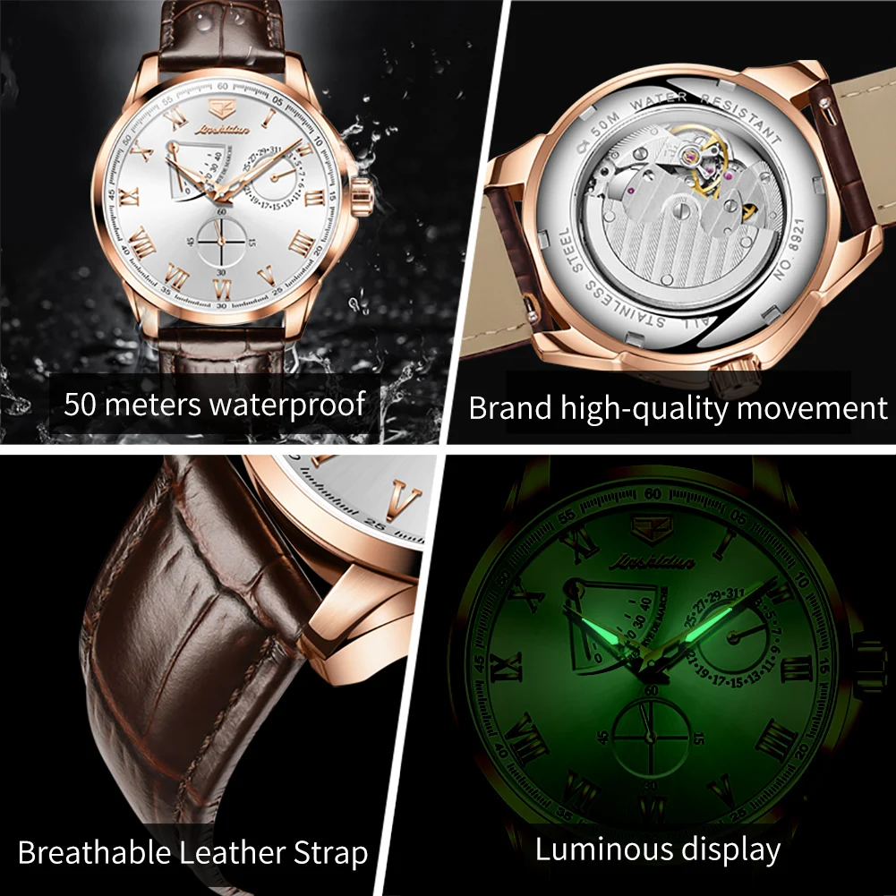 JSDUN 8921 Roman Scale Mechanical Watch For Men Auto Date Business Hand Clock 50M Waterproof Luminous Top Brand Man Dress Watch