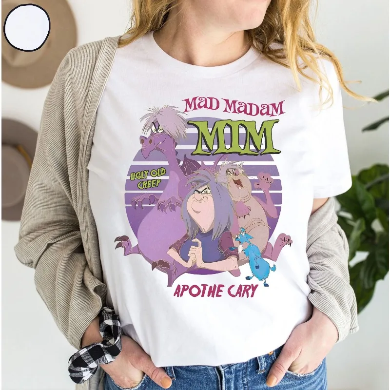 Koszulka Retro Disney Villain Crazy Lady Mim, koszulka z motywem Miecza w Kamieniu, całoroczna, neutralna, z czystej bawełny, casualowa koszulka modowa