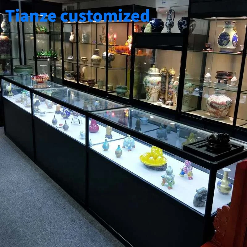 (customized)Black Aluminum Jewellery Showcase Wooden Lockable Display Cabinet Tabletop Aluminium Profile Showcase