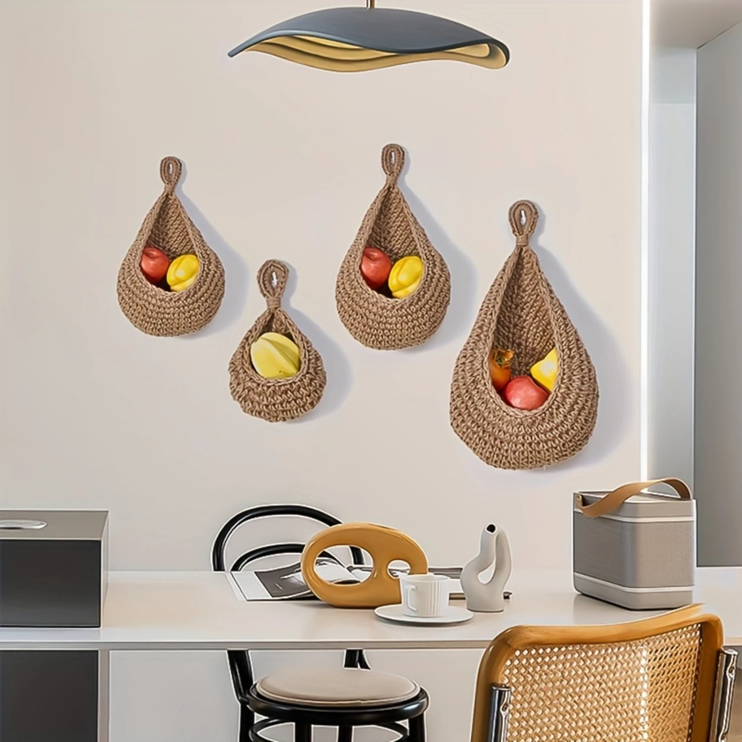 Handmade Cotton Rope Woven Bohemian Wall Hanging Fruit Vegetable Basket Organizer Plant Holder